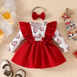 Christmas Newborn Baby Girls Rompers Dress Clothes Corduroy Christmas Tree Print Ruffles Long Sleeve Bowknot Jumpsuits Headband