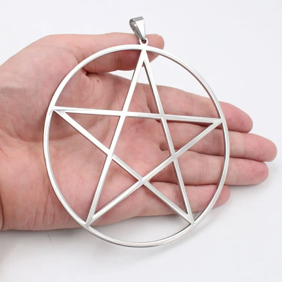 Big Large 4\'\' High Polished Pentagram Pentacle in Circle Stainless Steel Necklace with 4mm 32\'\' Chain Wiccan Pagan friends Gifts