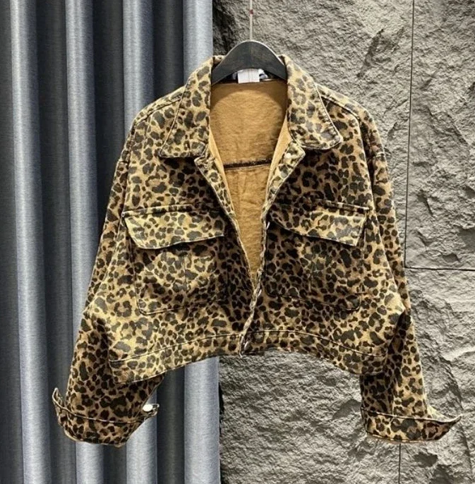 Girls Spring and Autumn Leopard Pattern Cowboy Short Coat Korean Fashion Large Pocket Loose Casual Versatile Denim Coat