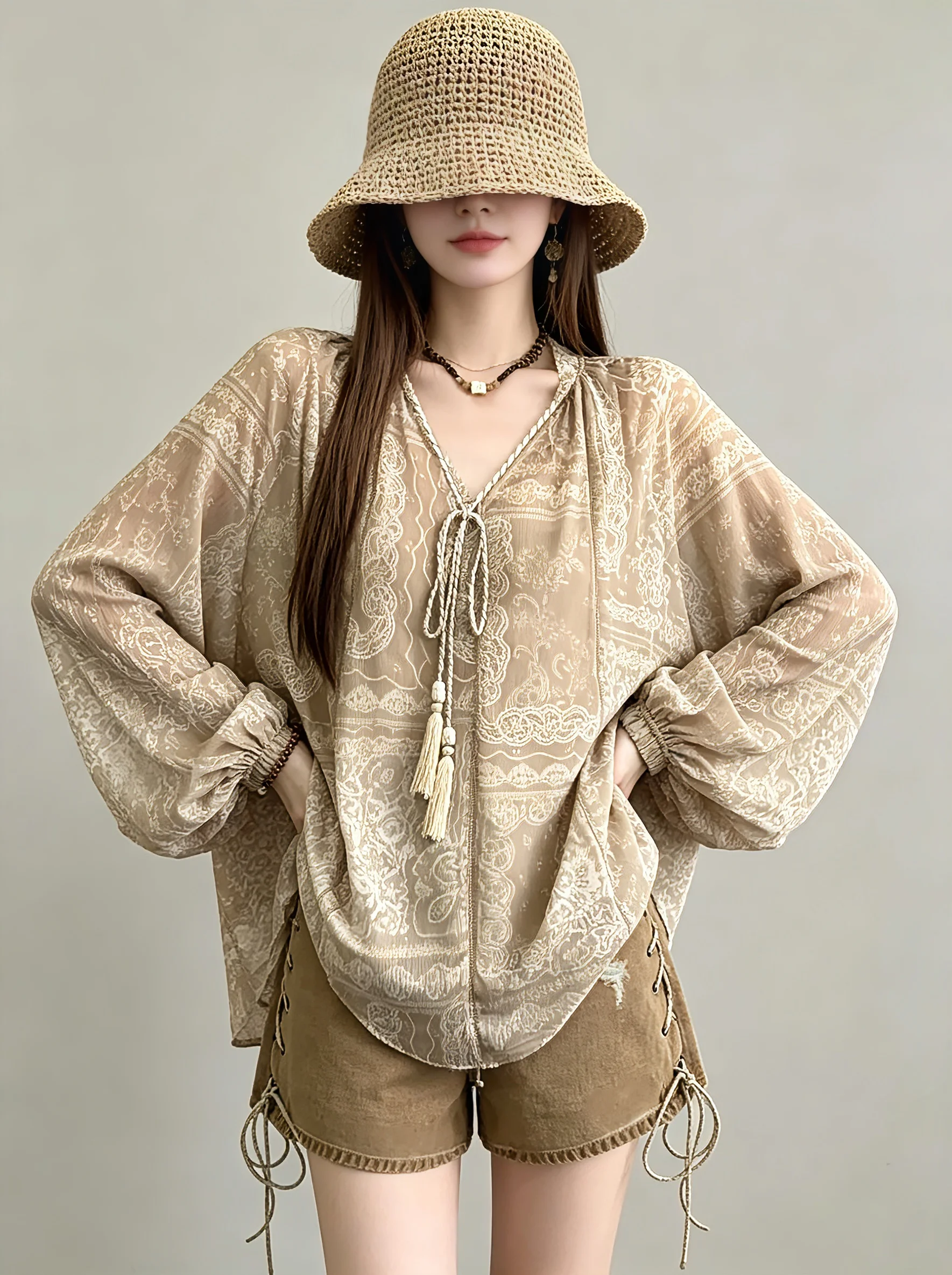 

Retro Print Tassel V-Neck Micro See-Through Chiffon Shirt Women's Preppy Style Casual Loose Fit Long Sleeve Floral Blouse