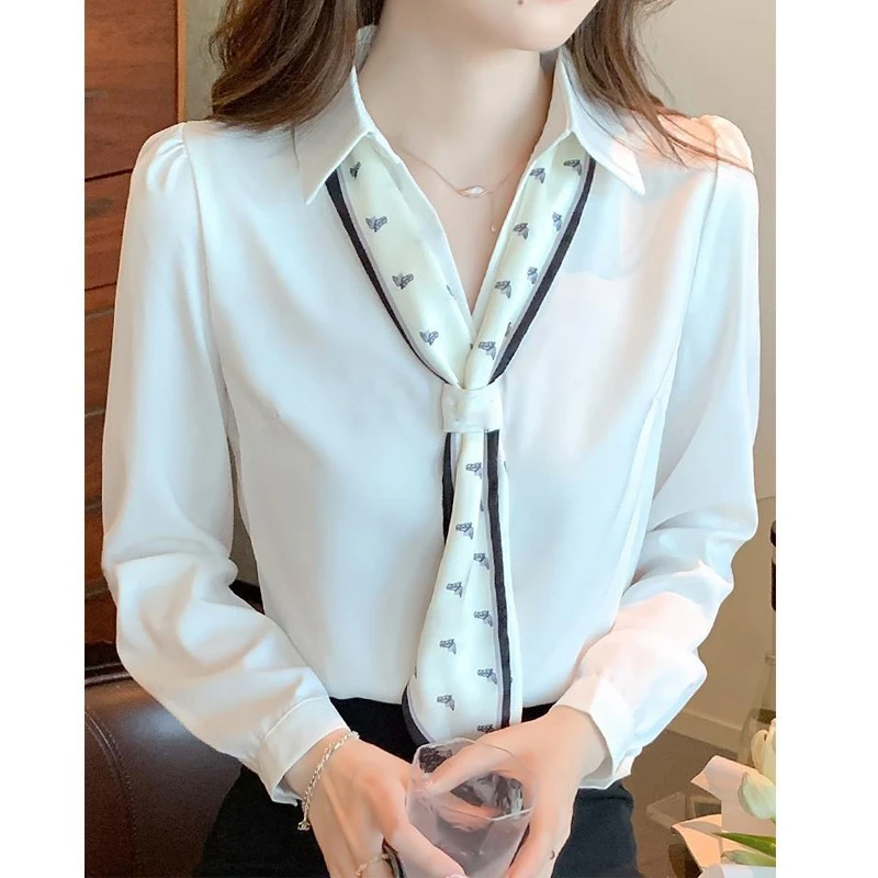 White Chiffon Shirt Tops Spring Autumn New Long Sleeve Polo Neck Solid Color Temperament Blouse Fashion Elegant Women Clothing