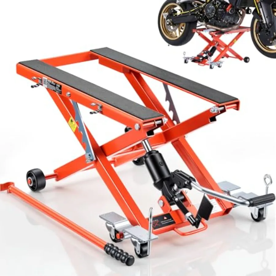 Hydraulic Motorcycle Lift Jack, 1100 lbs Capacity, Scissor Lift Jack Portable Motorcycle Hoist Stand with 6 Wheels, 4.72