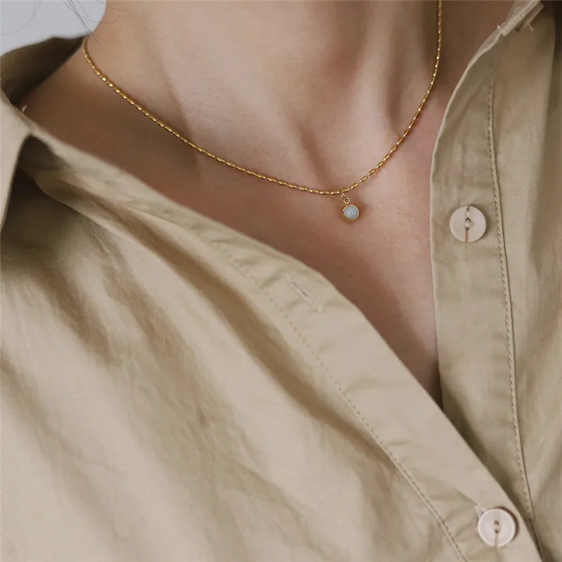 Korea Small Natural Aventurine Jade Round Pendant Necklace for Women Stainless Steel 18k Gold Plated Jewelry