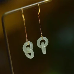 Creative new silver inlaid natural Hetian jade chain long Interlocking earrings for women elegant fresh light luxury jewelry