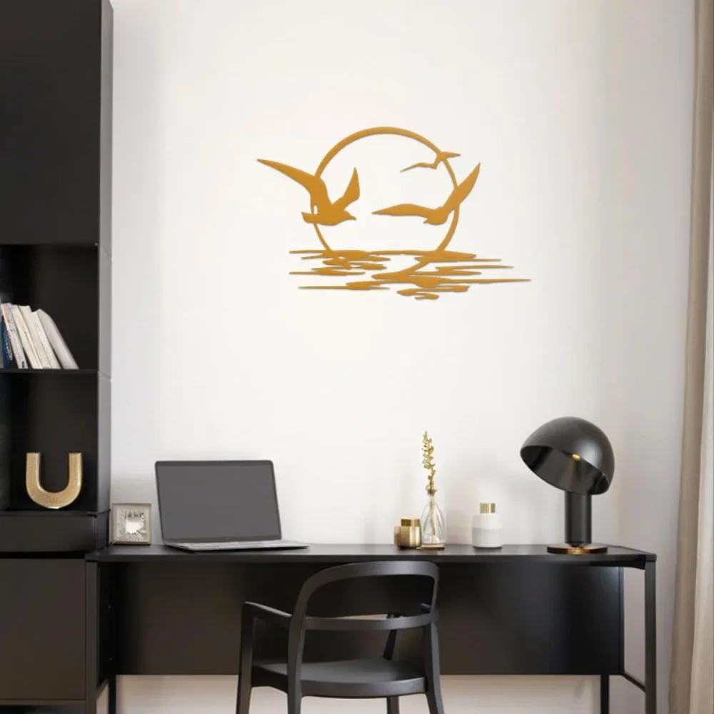 CIFBUY – décoration murale en métal, sculpture de mouette au lever du soleil doré, décoration suspendue en fer pour l'intérieur et l'extérieur, style côtier