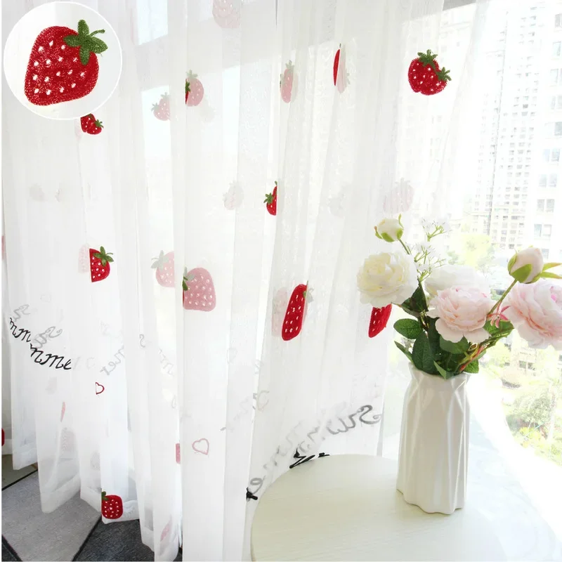 Cute Strawberry Tulle Curtains for Girl Kids Room Curtains Living Room Bedroom Window White Embroidered Sheer