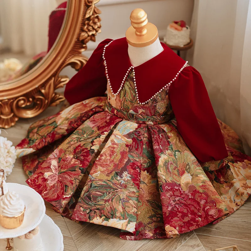 Girls\' Red New Style Long Sleeve Flower Girl Wedding Dress High-End Velvet Print Baby Dress for One Year Old Princess Dress