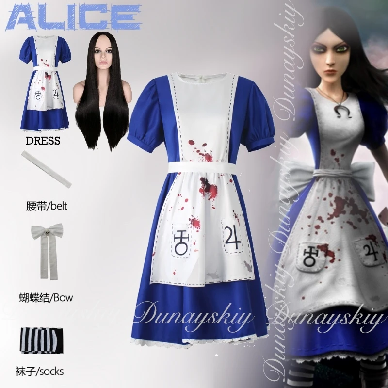 Alice: Madness Returns Game Alice Cosplay With The Blue And White Color Maid Outfit With Long Black Wig Cosplay disfraz All Suit
