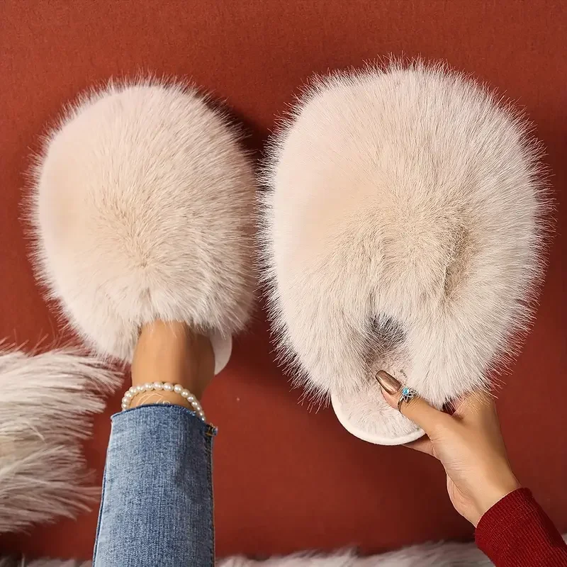 

Winter Women House Slippers Outdoor Anti Slip Flat Bottom Fluffy Plush Luxury Shoes Women 2025 Fashion Fur Slippers Slides Women
