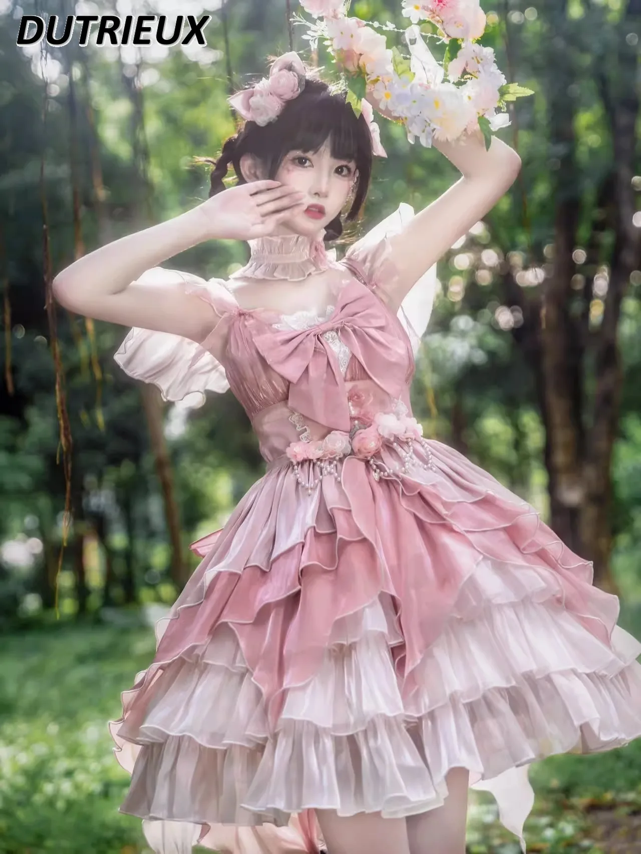 

Summer Pink Lolita Suspender Waist-Tight Dress for Women Sweet Cute Girls JSK Gorgeous Elegant Princess Mid-length Dresses