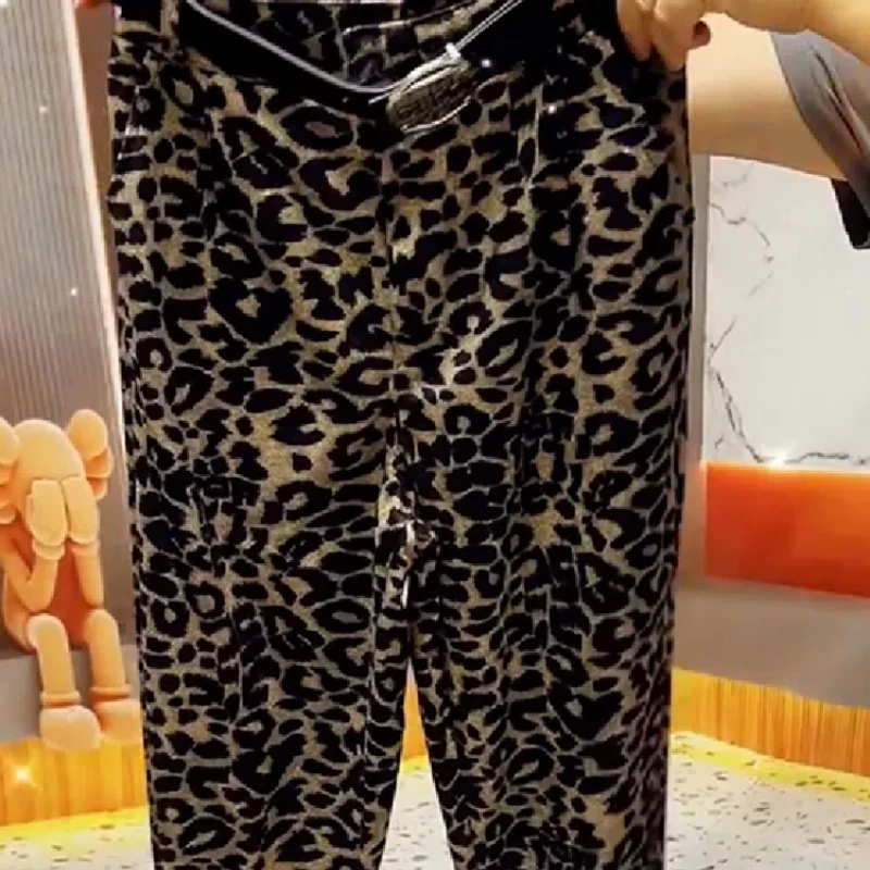 Calça elástica de cintura alta feminina, estampa leopardo casual e solta, calça harém versátil, emendada, bolso com zíper, moda, outono e inverno, 2024