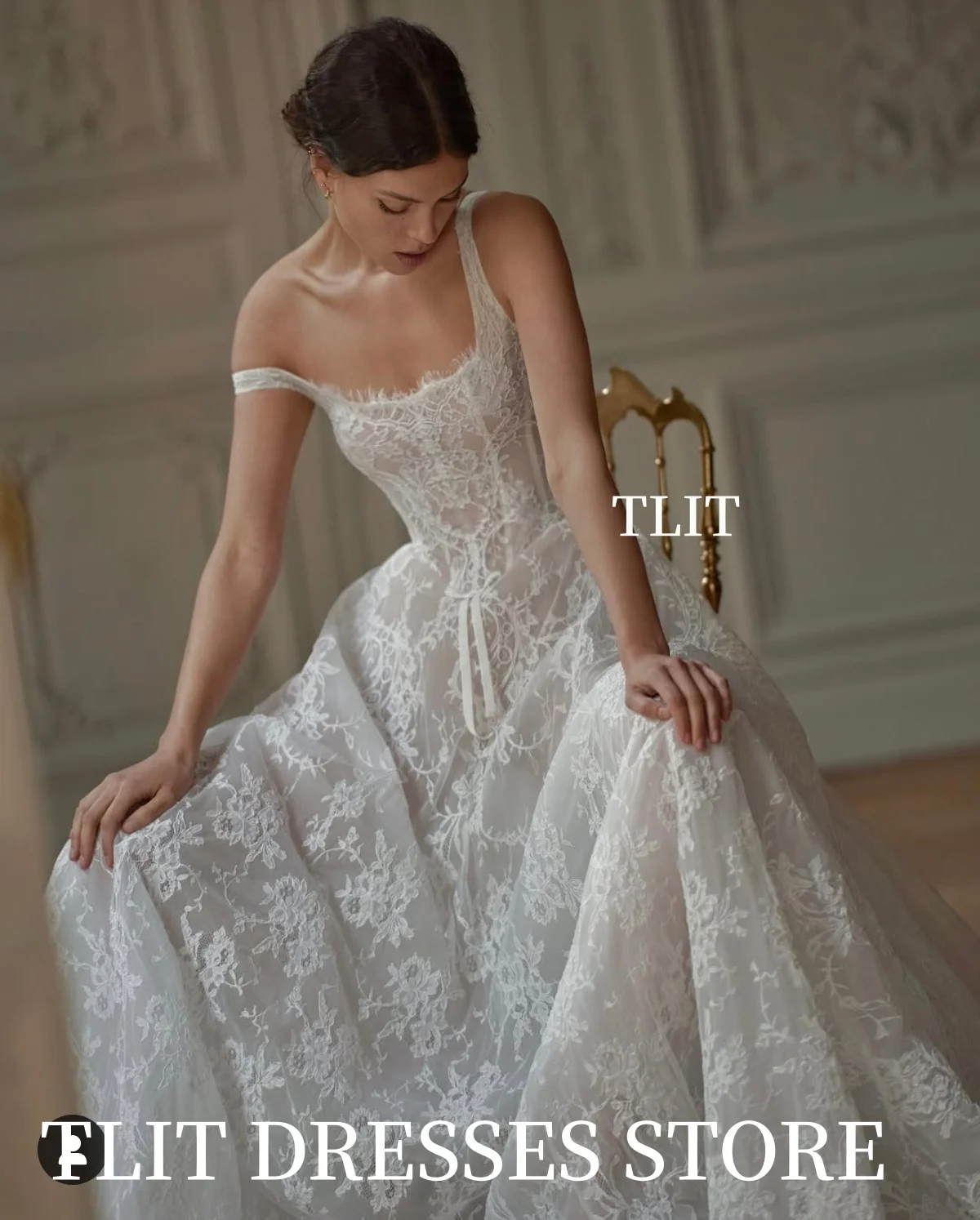 Luksusowe suknie ślubne w kształcie litery A z koronki TLIT, szyte na miarę, bez ramiączek, z odkrytymi ramionami i odkrytymi plecami.