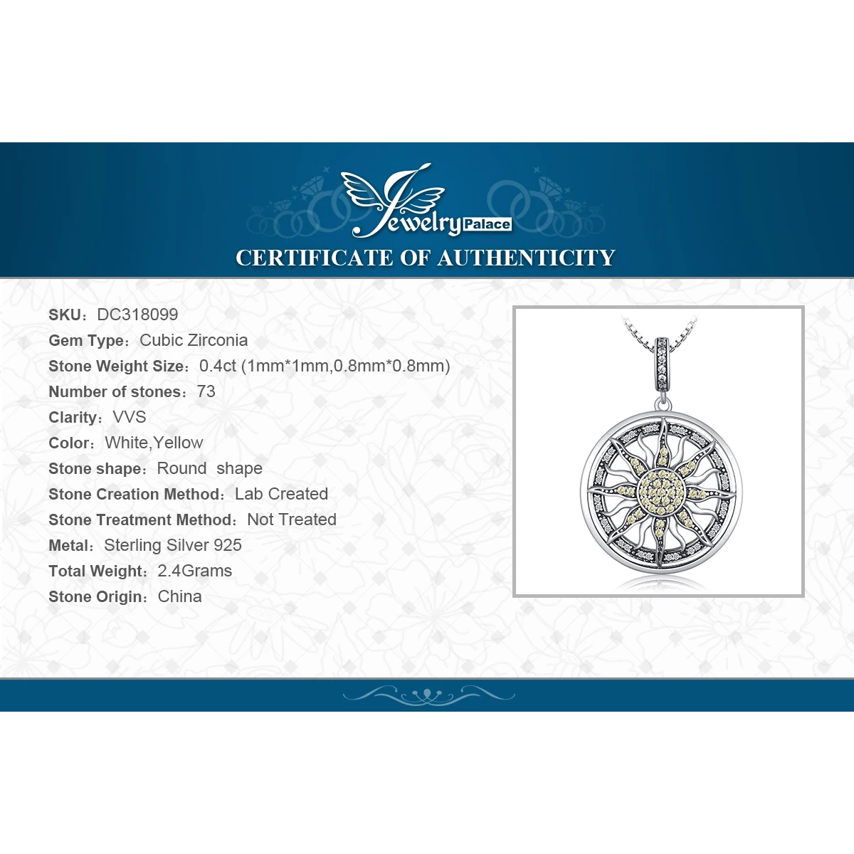 JewelryPalace-collar con colgante de plata de ley 925 con circonita cúbica de sol Celestial para mujer y niña, sin cadena, regalo de joyería