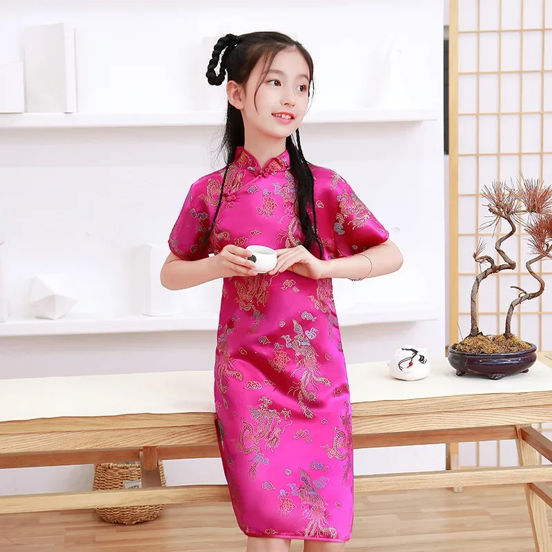 Letnie dzieci Cheongsam smok feniks haft Qipao księżniczka sukienka sukienki w stylu chińskim nowy rok Qipao prezent ubrania Tang