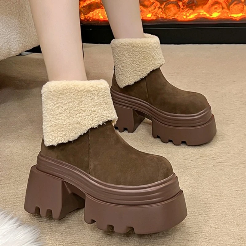 

Fur High Heels Snow Boots Fashion Suede Chunky Shoes Warm Ankle Boots 2025 Winter Dress Cotton Shoes Walking New Mujer De Botas