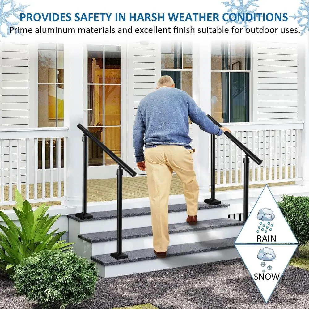درابزين دائري من الألومنيوم للخطوات والسلالم - تحميل 800 رطل، مجموعة 0-4 خطوات، الشرفة والسطح (أسود محكم، 4 أقدام)