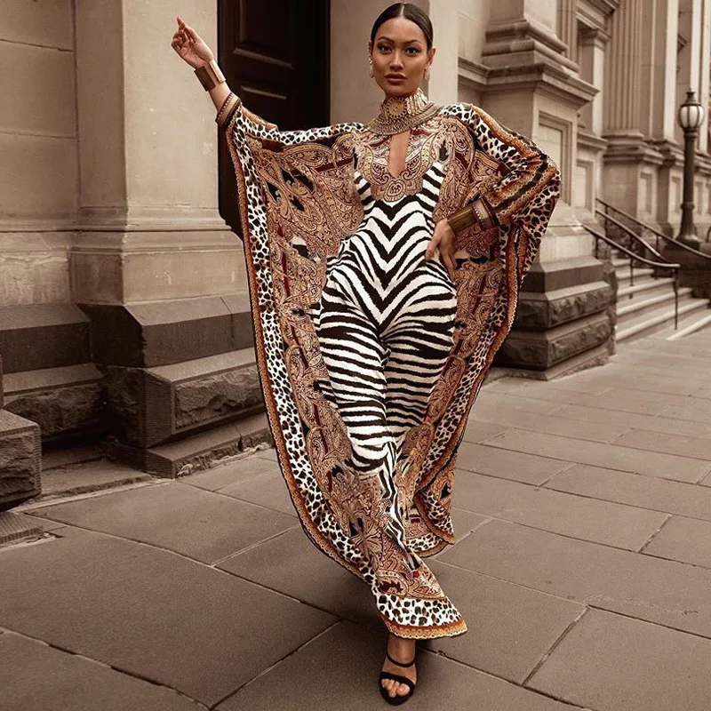 

African Dresses Women 2023 Zebra Printed Dashiki Elegant Ladies Gown Muslim Abaya Kaftan Bat Sleeve Robe Plus Size Long Dress