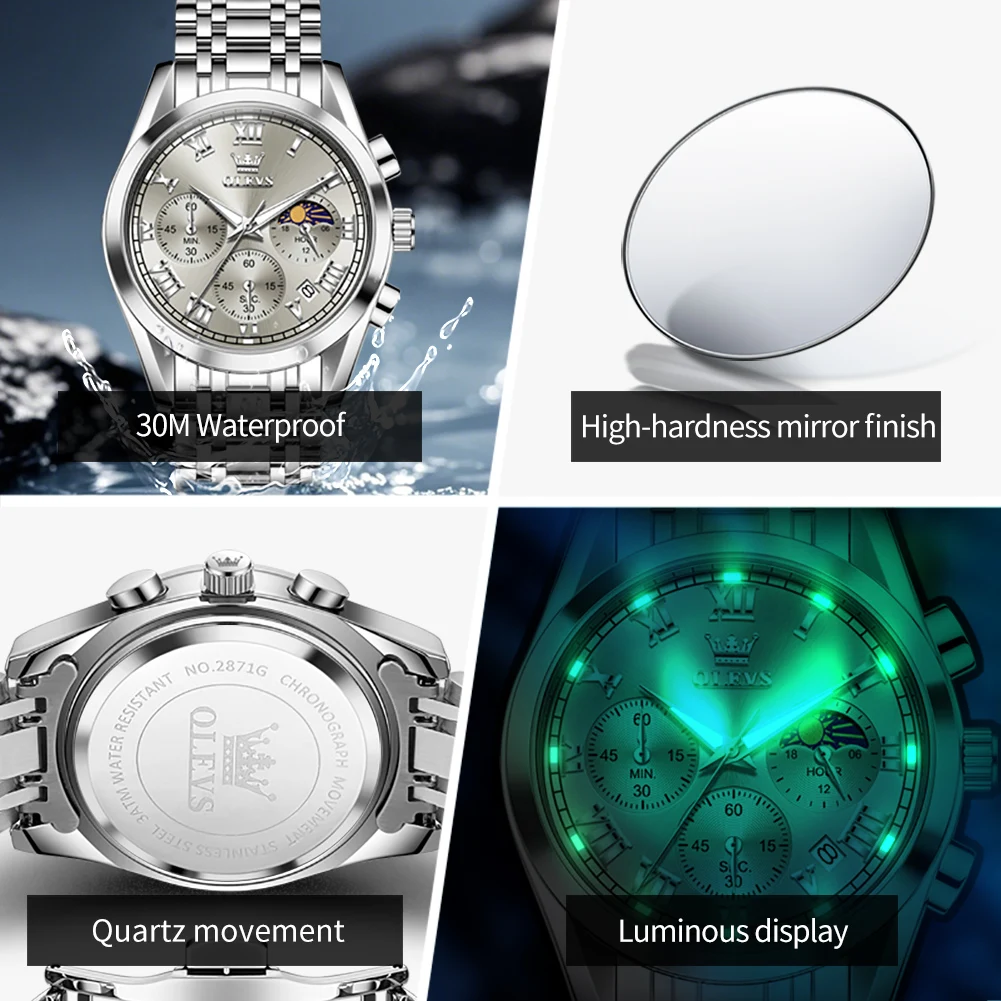 OLEVS 2871 reloj para hombre, reloj de cuarzo Original de lujo, resistente al agua, fecha luminosa, cronógrafo de fase lunar, reloj clásico a escala romana para hombre