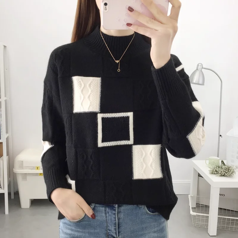 

Korean Fashion Autumn/Winter New Sweaters Pullovers Women's Mock Neck Contrast Color Patchwork Loose Long Sleeve Knitted Tops