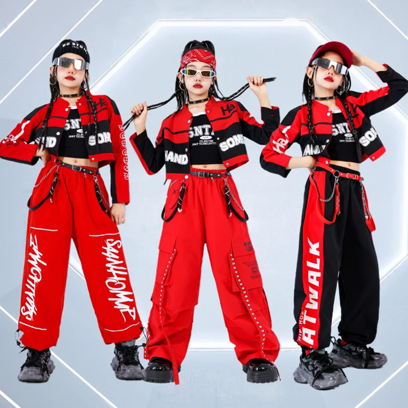 Children Jazz Dance Performance Costume Girls Kpop Hip Hop Dance Stage Outfit Red Black Dancewear Jacket Pants Skirt Shorts 1003