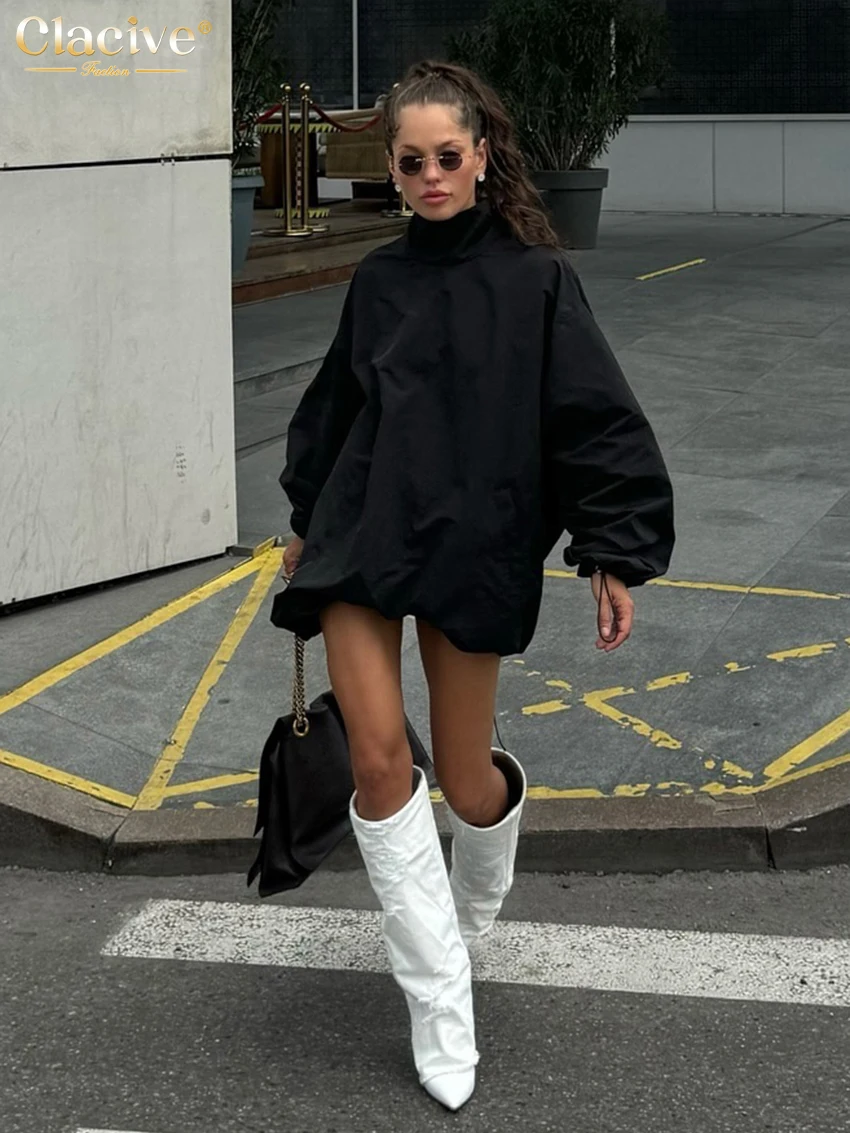 Clacive Fashion Loose Black Women\'s Dress 2024 Casual Stand Collar Long Sleeve Mini Dresses Elegant Classic Solid Female Dress