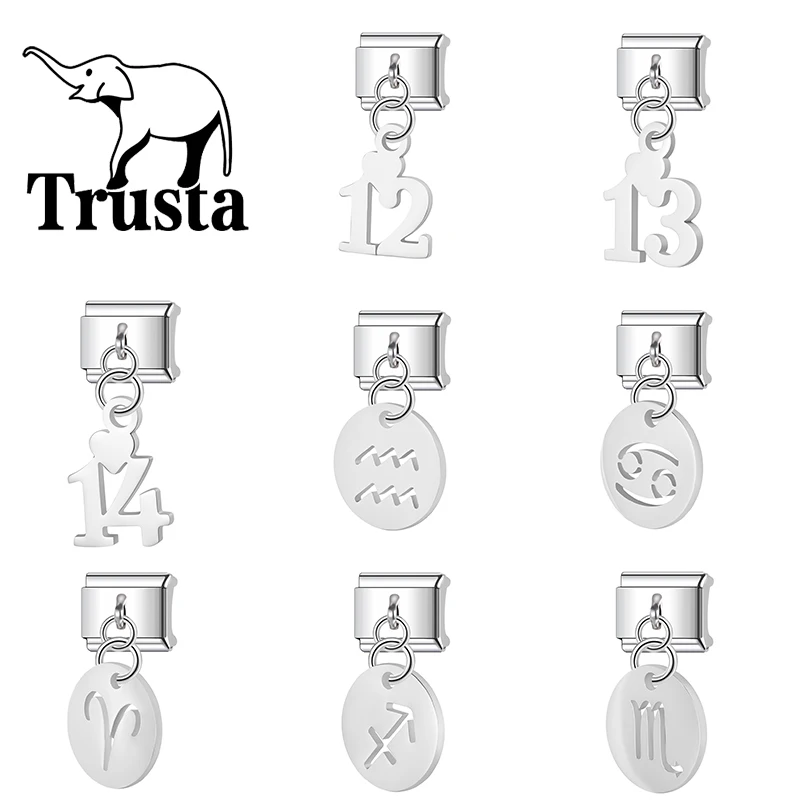 Trusta Personalized Silvery Pendant Number 12 zodiac signs Charms for italian bracelet Stainless Steel DIY Making Fashion N819