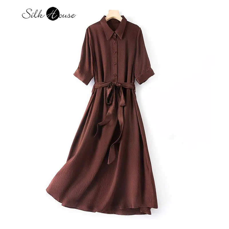 

2024 Fashion Early Autumn New 93% Natural Mulberry Silk Elastic Pearl Satin Wide Waistband Women's Fashion Office Lady Dress