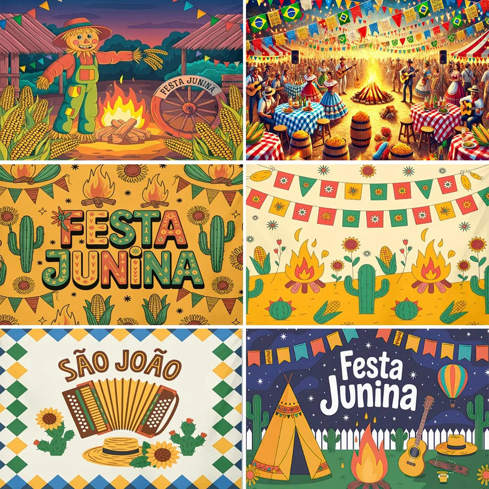 Decoración para Fiesta Temática del Festival de Junio de Brasil, Fondo con Diseño de Cuatro Bailes, Hoguera y Dumplings de Maíz, Pancarta para Puesto de Festival, Suministros