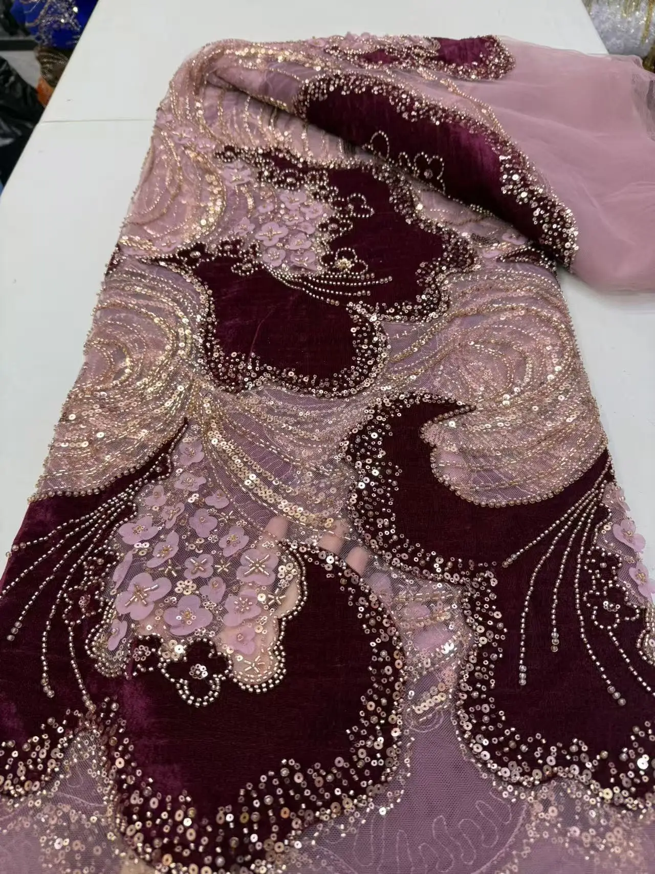 2026HighQuality African Nigerian velvet lace fabric Sequins Beads Guipure Sewing Wedding Party Dress Bridal Gown Material 5yards