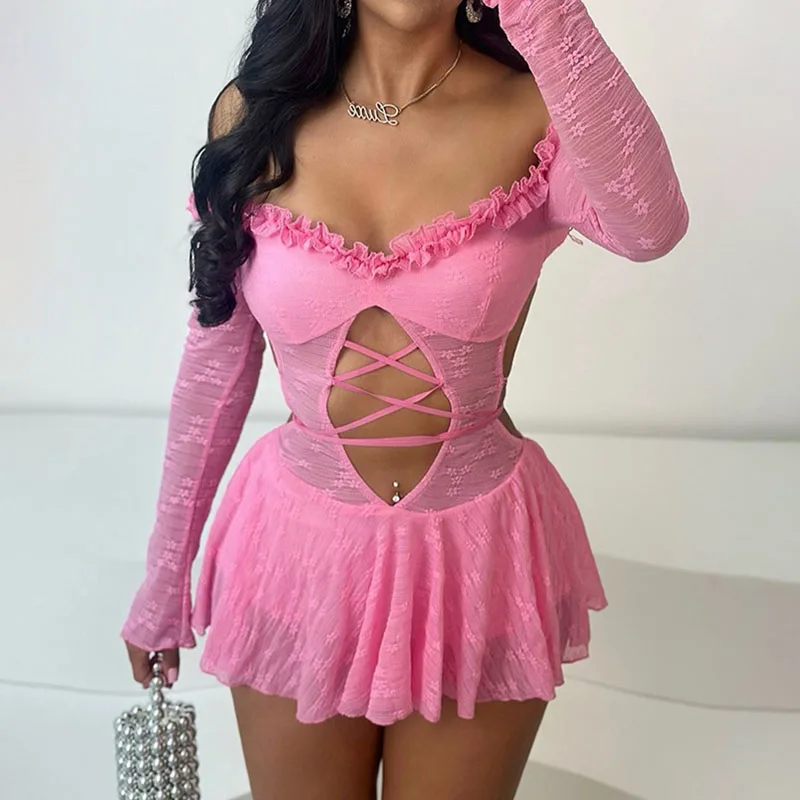 

Sexy Off the Shoulder Bodycon Mini Dress Women Long Sleeve Slash Neck Hollow Out Lace-up Backless Night Club Party Dresses Y2K