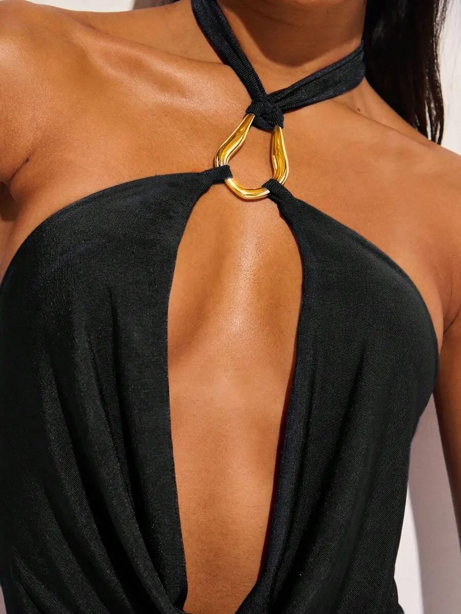 

Women Summer Sexy Solid Color Hollow Out Backless High Slit Dress