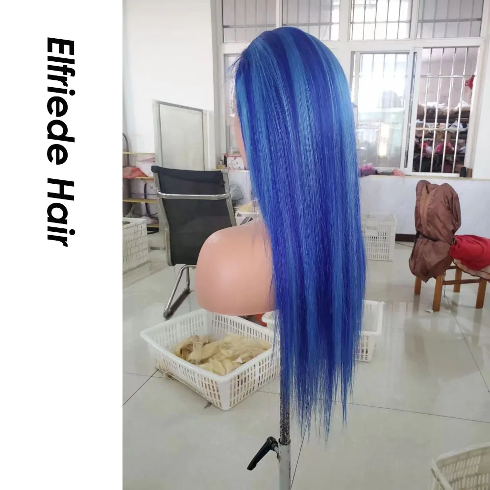 Elfriede # Blue Highlight Rechte Kanten Pruiken Voor Vrouwen Kant Pruik 4X4 13X4 13X6 Hd Lace Frontale Pruik 100% Remy Human Hair Pruiken