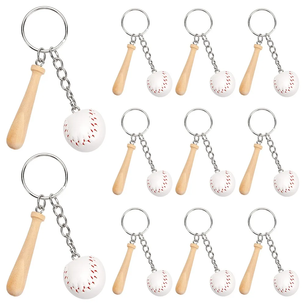 

12Pcs Mini Baseball PU Leather Pendant Keychain with Wood Baseball Bat with Iron Finding White 8.2cm