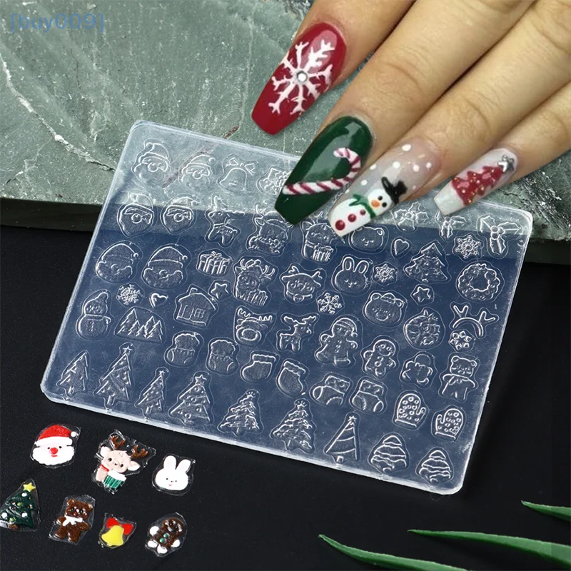 【buy009】Santa Claus Snowman Winter Snowflakes Christmas Tree Design Christmas Nail Accessory Manicure Silicone Carving Mould D