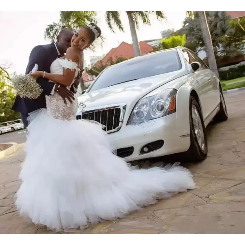 Customized Mermaid Wedding Dresses Off Shoulder Sweep Train Lace Appliques Garden Bridal Gowns African Vestidos De Novia