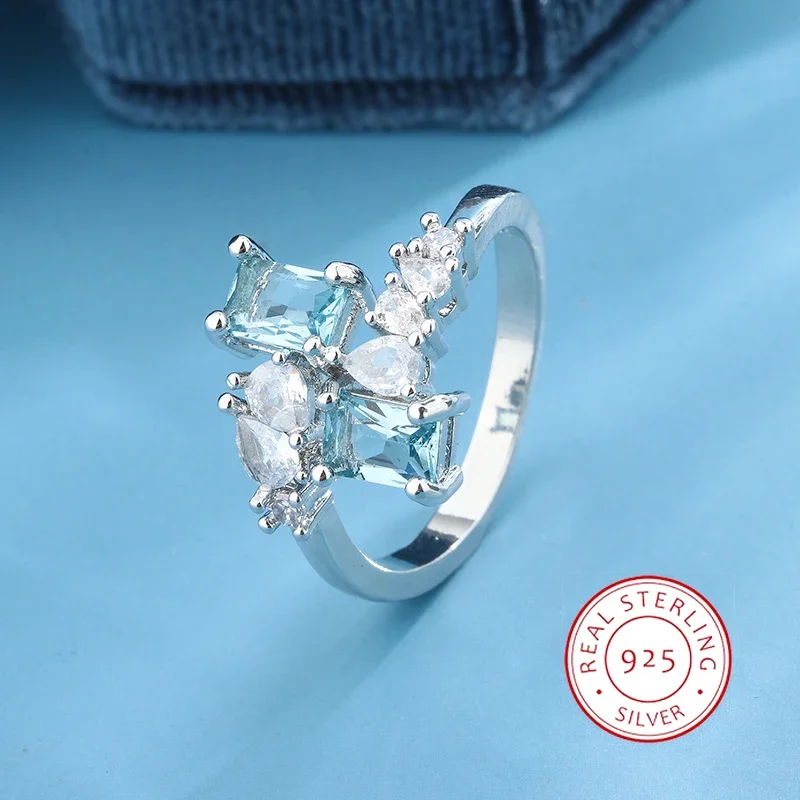 Fashionable Women's Aquamarine Zircon Ring 925 Silver Women's Party Jewelry Wedding Engagement Ring Hot Selling Jewelry