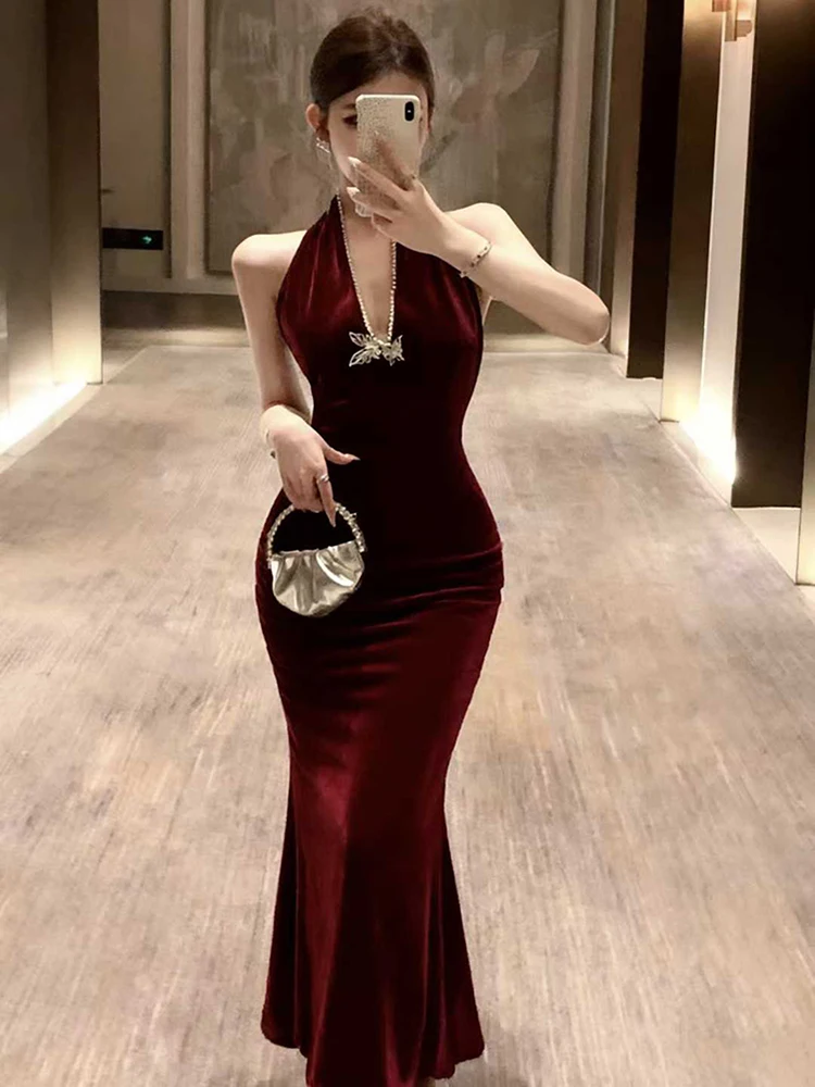 Feminino vermelho veludo chique diamantes pescoço-montado sexy vestido longo outono inverno elegante festival vestido 2025 coreano vestido de festa de luxo