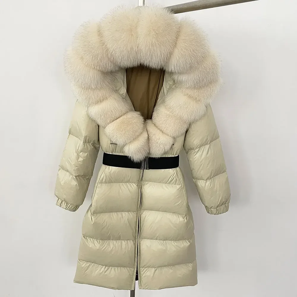 New Natural Thick Warm Long Winter Jacket Women Real Big Fox Fur Collar Belt Loose Puffer Parka 90% White Duck Down Coat