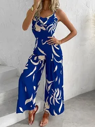 Summer Print Wide Leg Jumpsuit Women's Fashion Spaghetti Strap Elegant Office High Waist Casual Long Jumpsuits New 2024