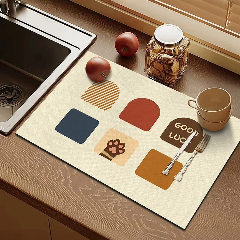 VIKAMA Cute Bear Good Luck Kitchen Mat for Sink Counter Drainage Drying Pad Table Placemat Washable Aesthetic Home Decor