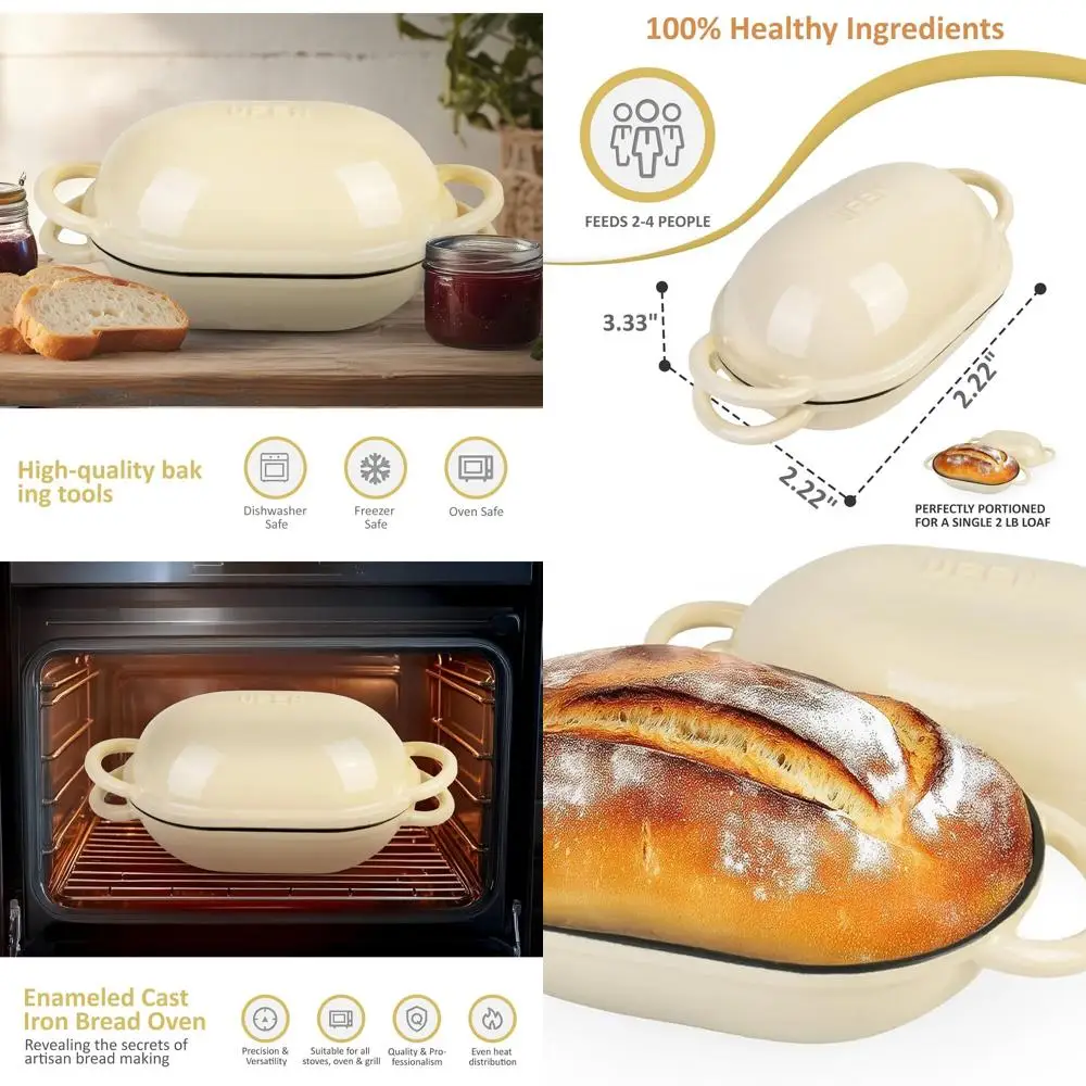 

Чугунная эмалированная кастрюля (голландская печь), 2 кварты, идеально подходит для приготовления хлеба на закваске, ремесленных хлебов и бездрожжевых блюд, белая