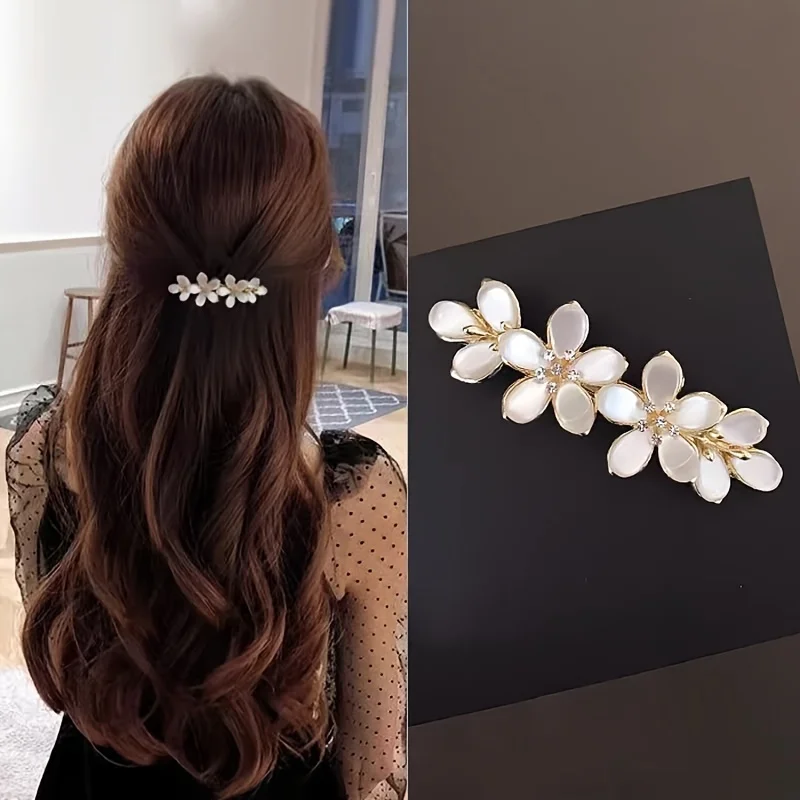 

Elegant Floral Hair Barrette, French Clip Spring Hair Claw, Rhinestone Accents, Bridal Hair Accessory For Half-Up Hairstyles