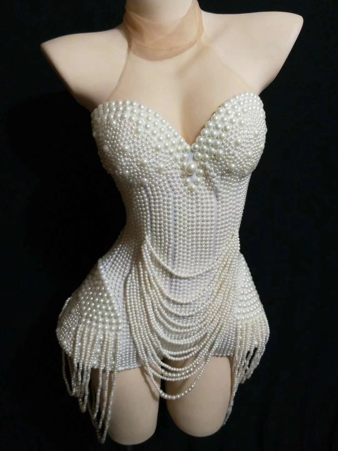 Witte Parels Mouwloze Kralen Sexy Bodysuits Voor Vrouwen Feest Nachtclub Doek Podiumzangeres Kostuums Prom Dance Queen Draagt