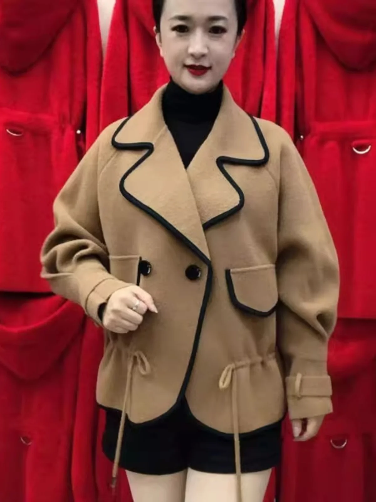 

Women's Double-Sided Woolen Coat Short Thickened Loose Fit Autumn Winter Outerwear Button Pocket Detail Business Casual Style