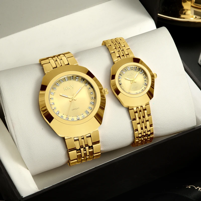 Couple Watch Men's Watches Full Gold Luxury Quartz Women Round Clock Ladies Wristwatch Big Dial Waterproof Lovers Watch Relogio