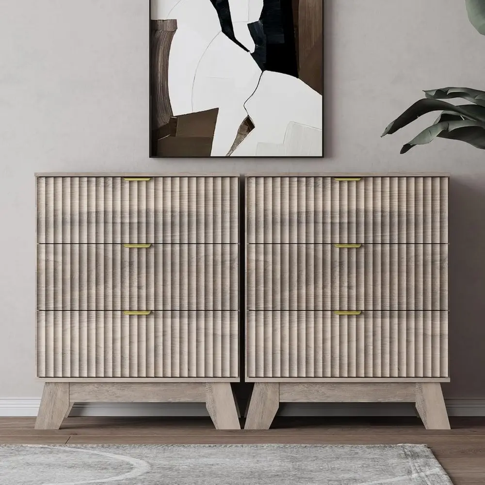 

Прикроватная тумбочка в стиле Mid-Century Modern из дерева с 3 ящиками и металлическими ручками, подходит для спальни, серая