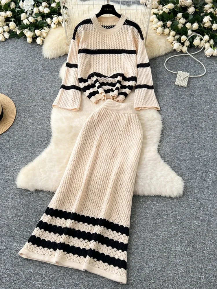 Women Casual Elegant Street Party Style Two-piece Set Winter Hollowed Out Mesh Contrasting Stripe Sweater High Waist Skirt Set