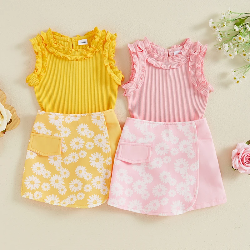 EWODOS Little Girl Summer Outfit Solid Color Ribbed Frill Ruffled Round Neck Tank Tops with Daisy Pattern Shorts