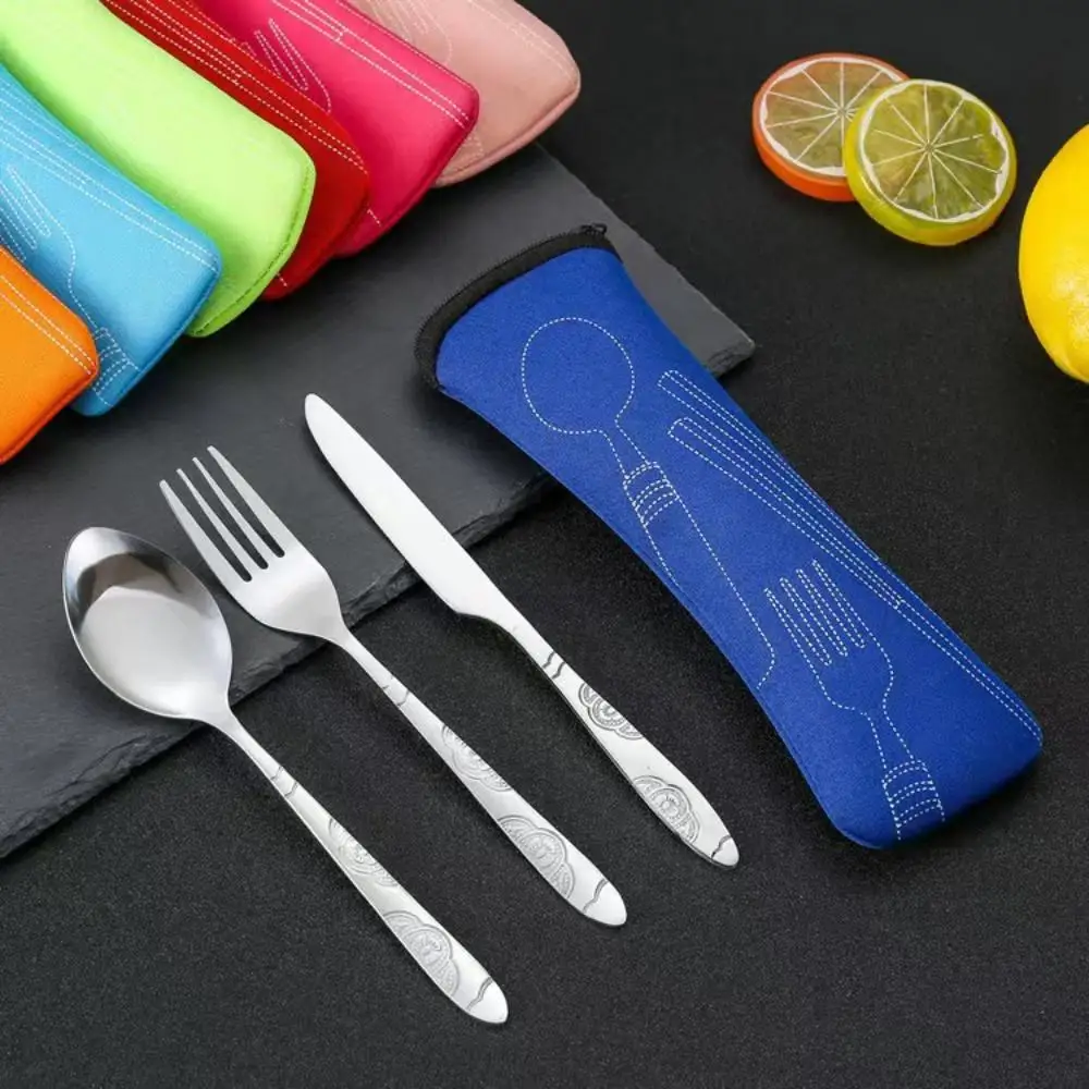 

3pcs 4pcs/Set Stainless Steel Travel Cutlery Tableware Portable Camping Spoon Fork Chopsticks Knife Set with Bag