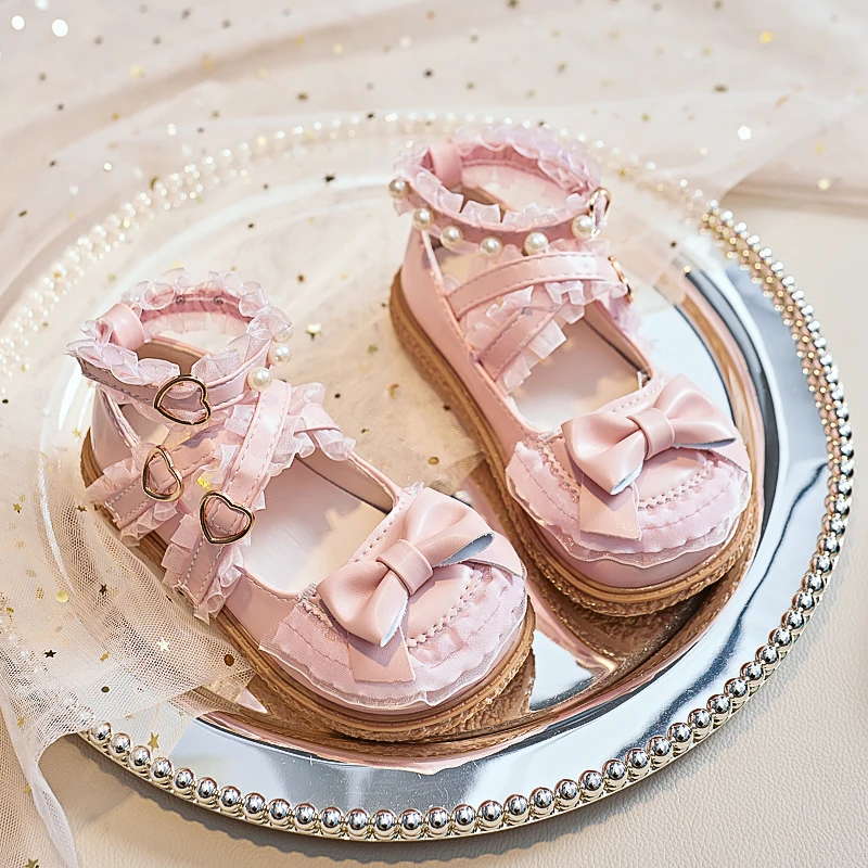 Eleganckie dziecięce skórzane buty różowe słodkie dziewczęce płaskie buty wiosna jesień dziecięce buty w stylu Lolita księżniczka na co dzień